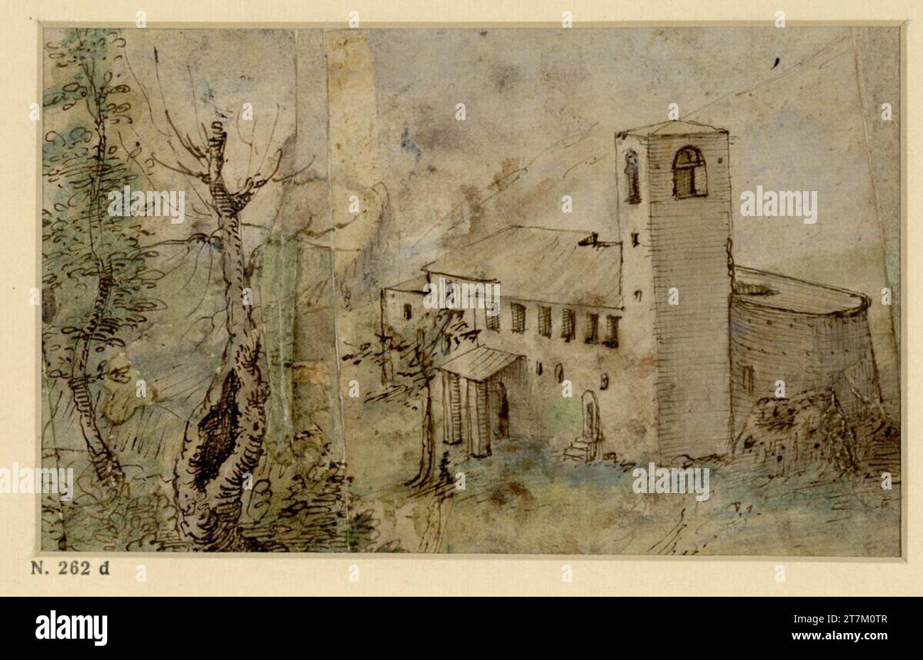 Gherardo Cibo Ansicht von S. Maria della Grazia in Arcevia. Feder in brown, watercolor Stock Photo