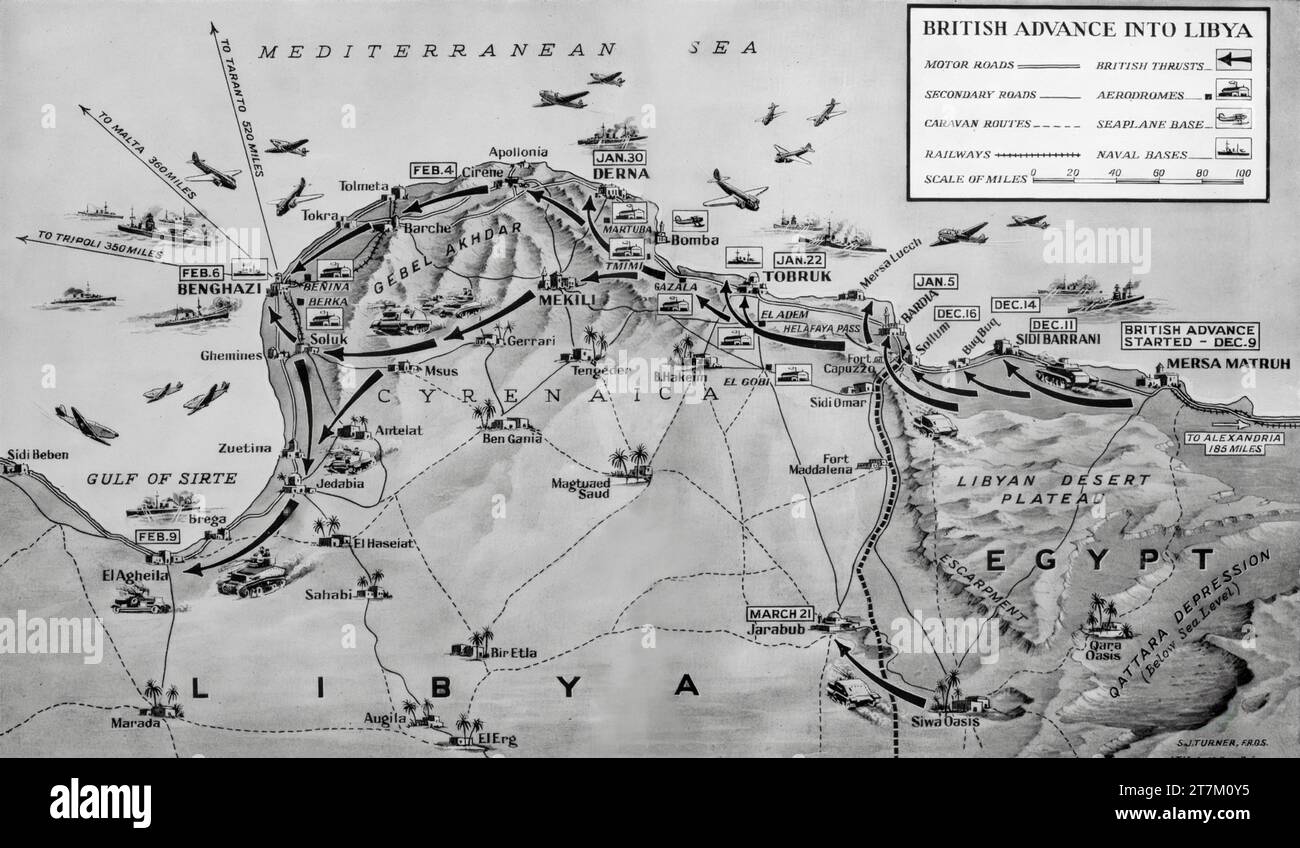A Second World War map illustrating British advances into Libya that began in December 1940 and culminated in the capture of Benghazi on the 6th February 1941. Stock Photo