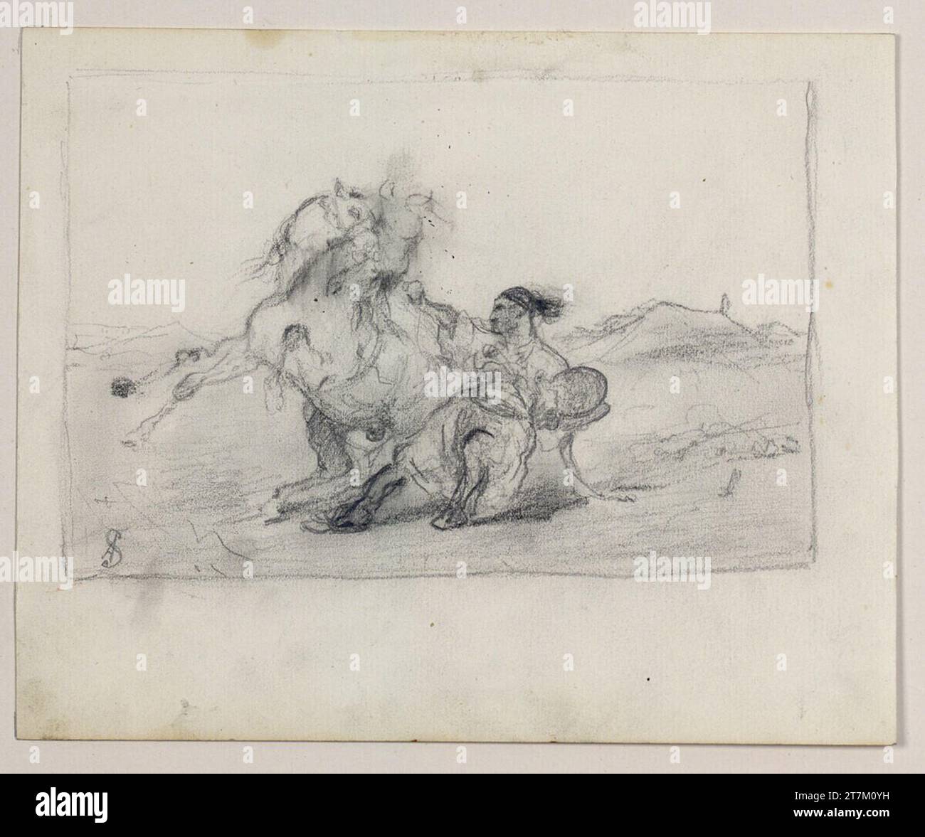 Christian Adolf Schreyer Arab with rearing horse. Recto: pencil, wiped; sketchy pencil edging line - verso: pencil, individual motifs bordered 19. Century , 19th century Stock Photo