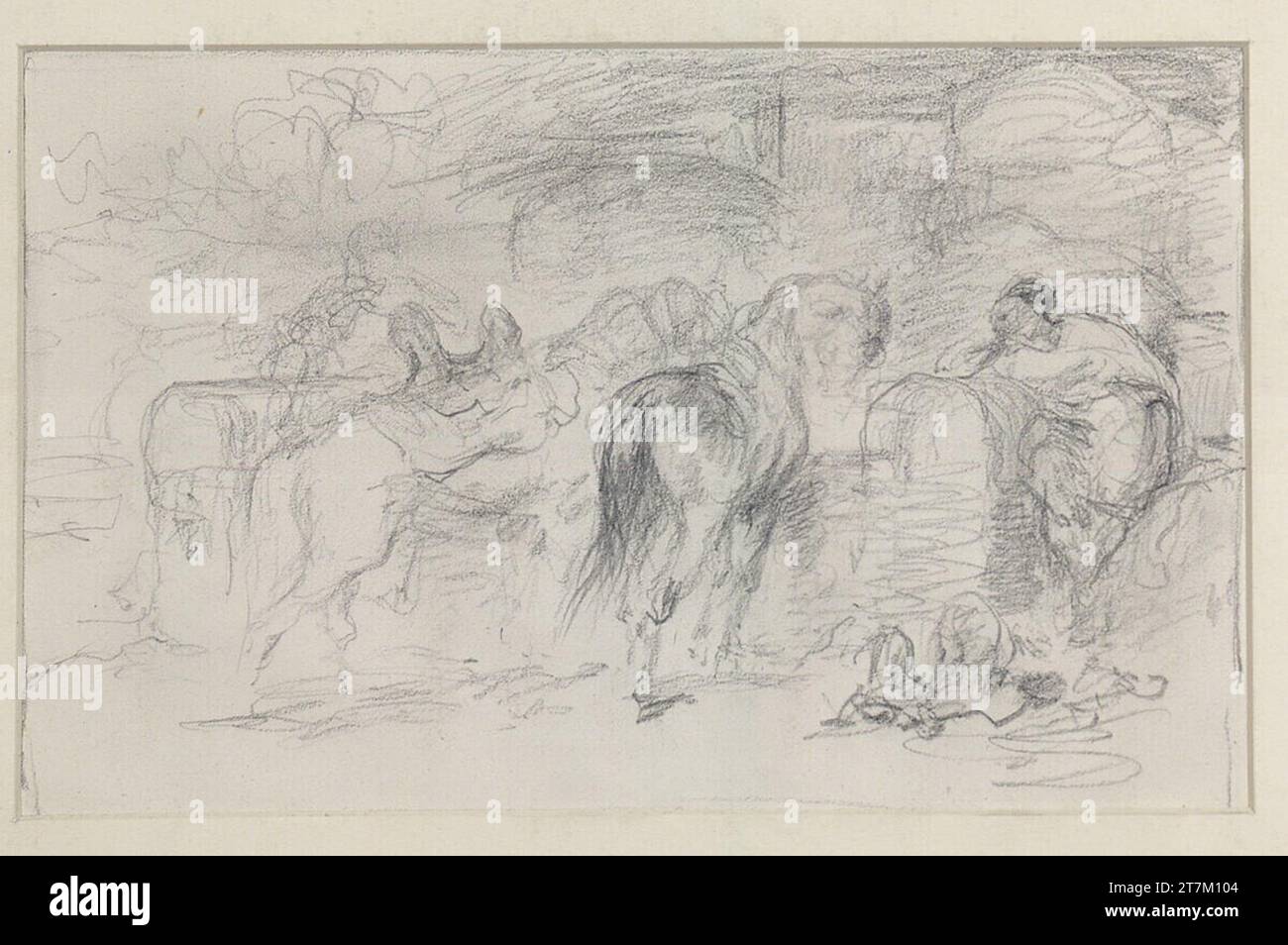 Christian Adolf Schreyer Horse drinks. Pencil, wiped in places; sketchy pencil edging line 19. Century , 19th century Stock Photo