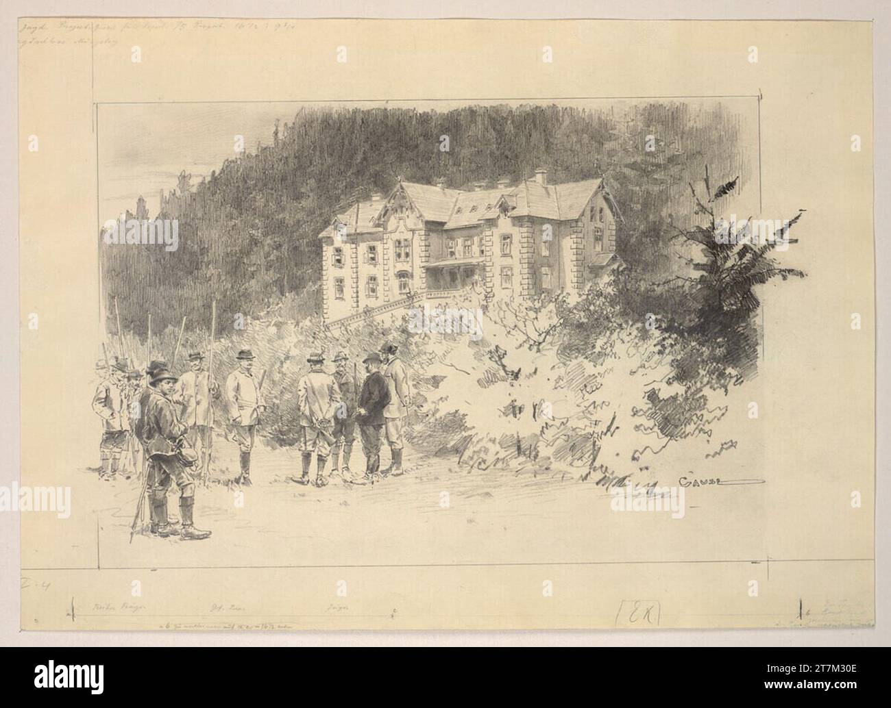 Wilhelm Gause Hunting lodge Mürzsteg in front of it Graf couple with drivers and wearers on the left and the hunters on the right. Pencil Stock Photo