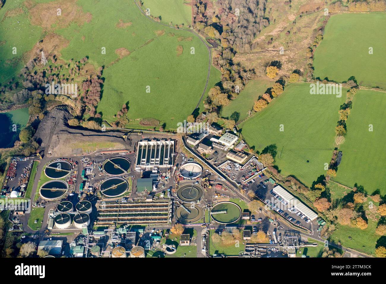 Water Treatment works from the air, North West England, UK Stock Photo