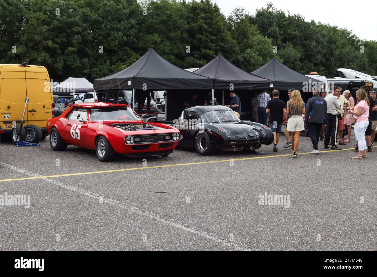 1958 Chevrolet Corvette & 1967 Chevrolet Camaro at Bernie's V8 & Historic Outlaws car racing at Brands Hatch - 8th July 2023 Stock Photo