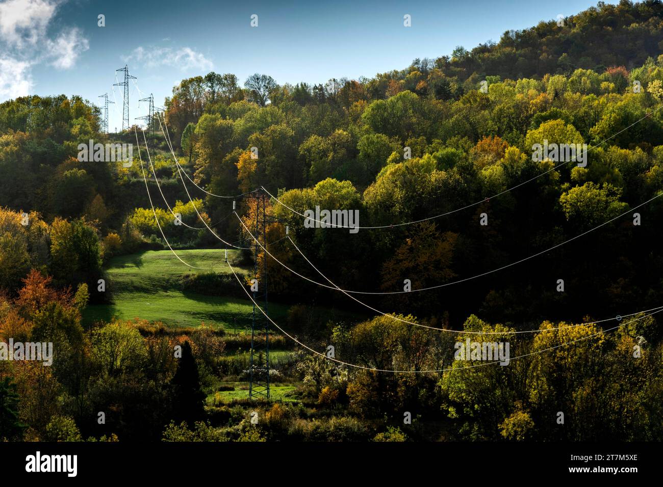High voltage lines, Puy de Dome department, Auvergne Rhone Alpes, France, Europe Stock Photo