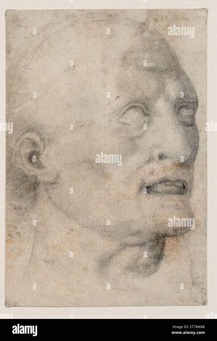Anonym Male head study with blind eyes and open mouth to the right. Chalk; blotchy; originally attached to a base Stock Photo