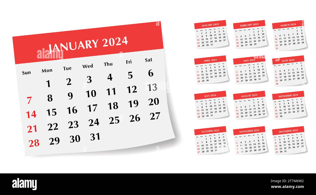 Modern collection of monthly calendars for 2024 year. Vector set with