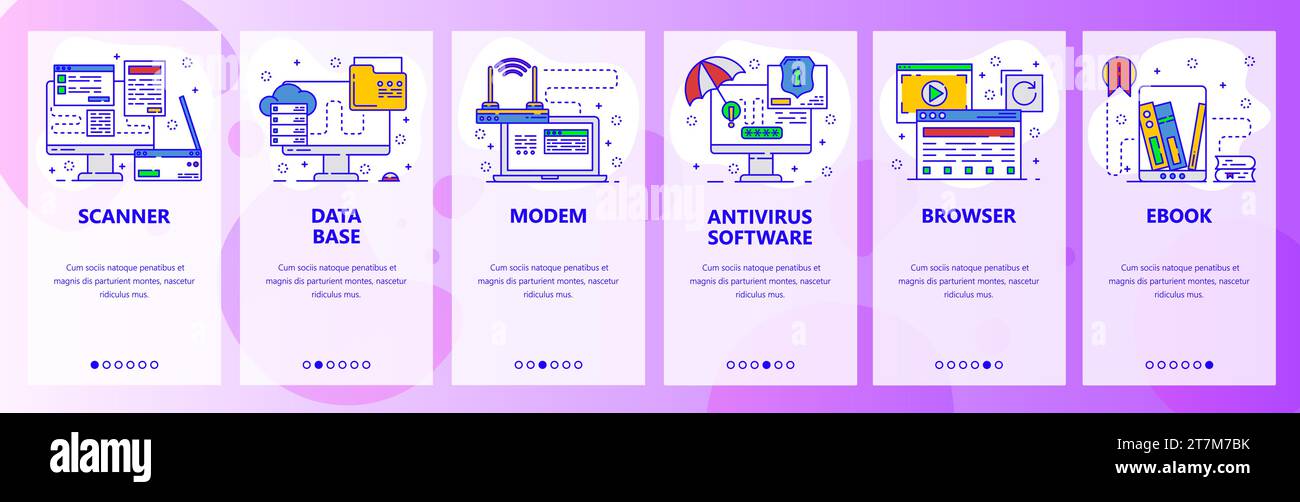 Mobile app onboarding screens. Computer hardware, router, printer, antivirus software. Menu vector banner template for website and mobile development. Stock Vector