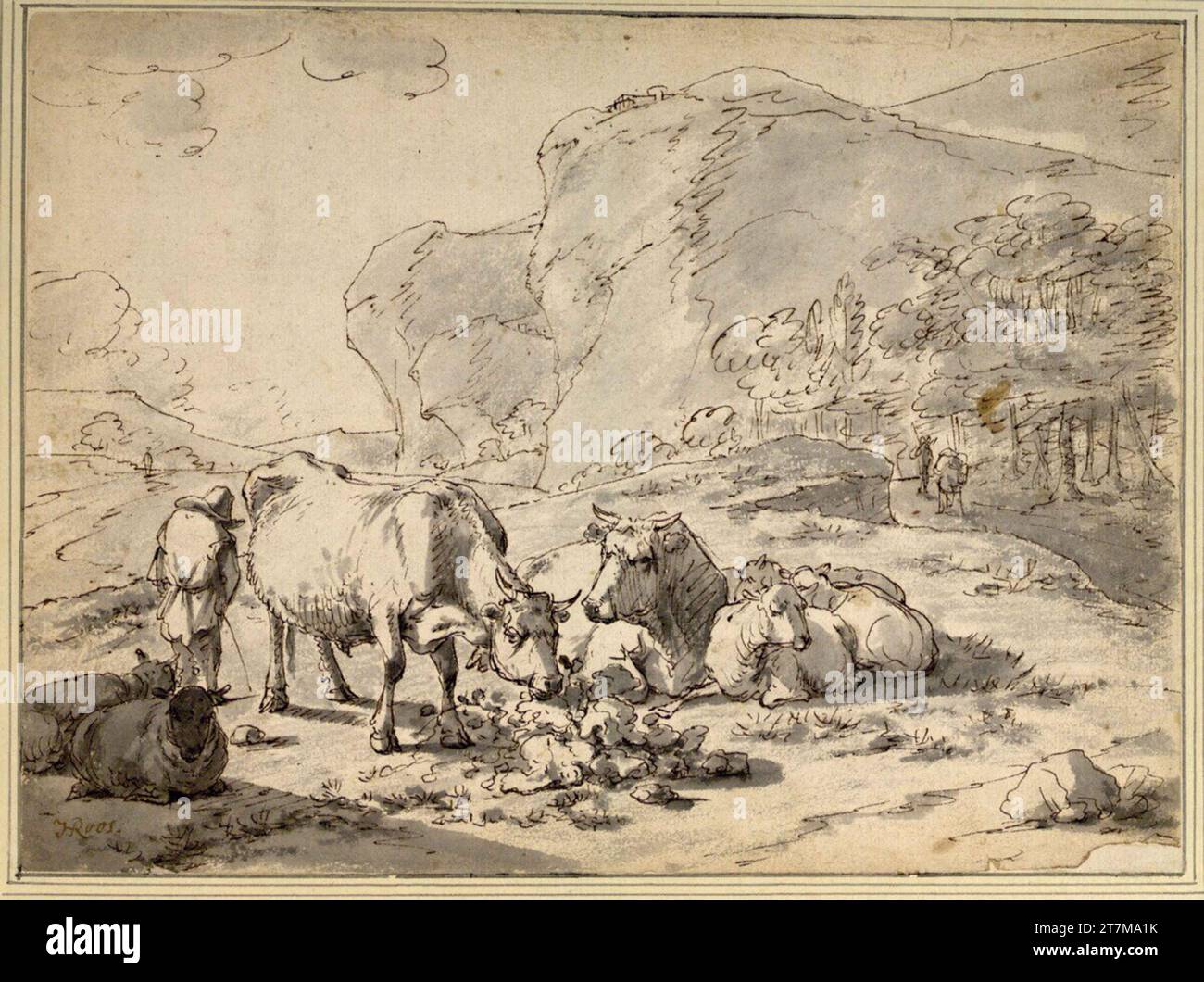 Johann Heinrich Roos Pissing shepherd next to his herd of cattle and sheep. Feder in brown and grayavings 1672 -1675 , 1672/1675 Stock Photo