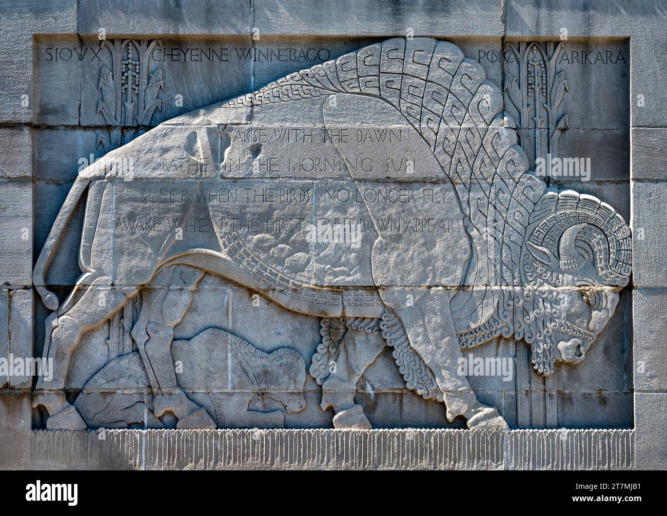 American Bison Carving Flanking Stairs of Nebraska State Capitol in Lincoln Stock Photo