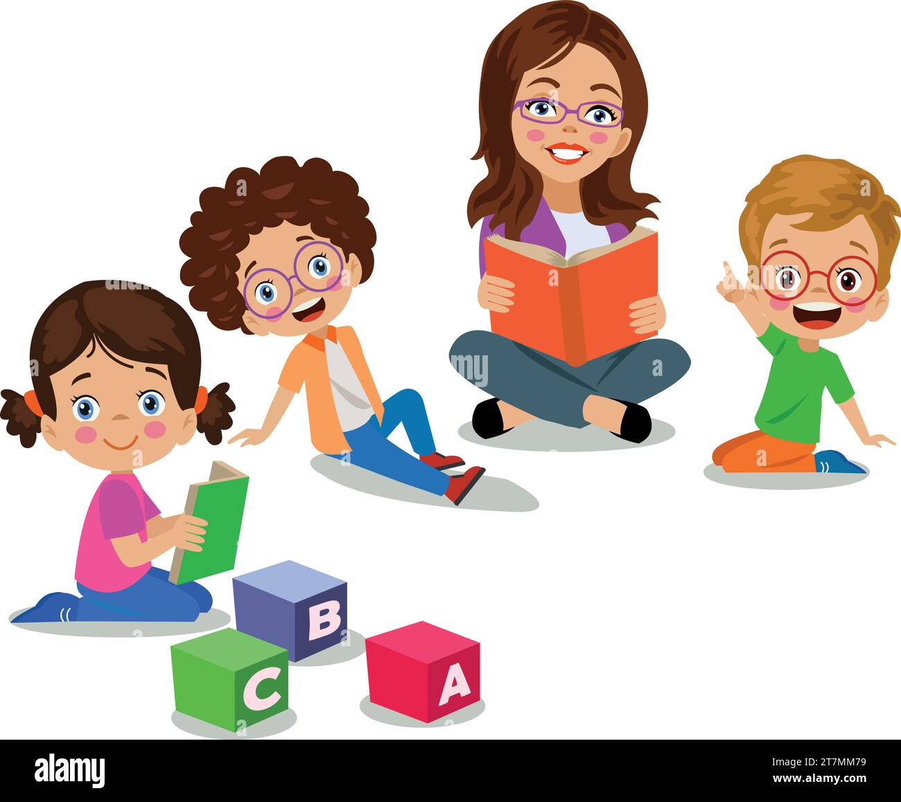 teacher reading books in class with students Stock Vector