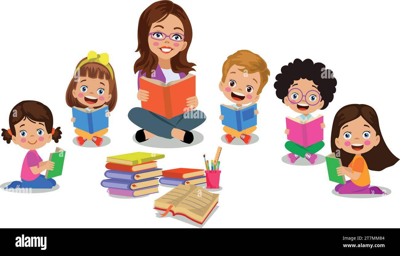 teacher reading books in class with students Stock Vector