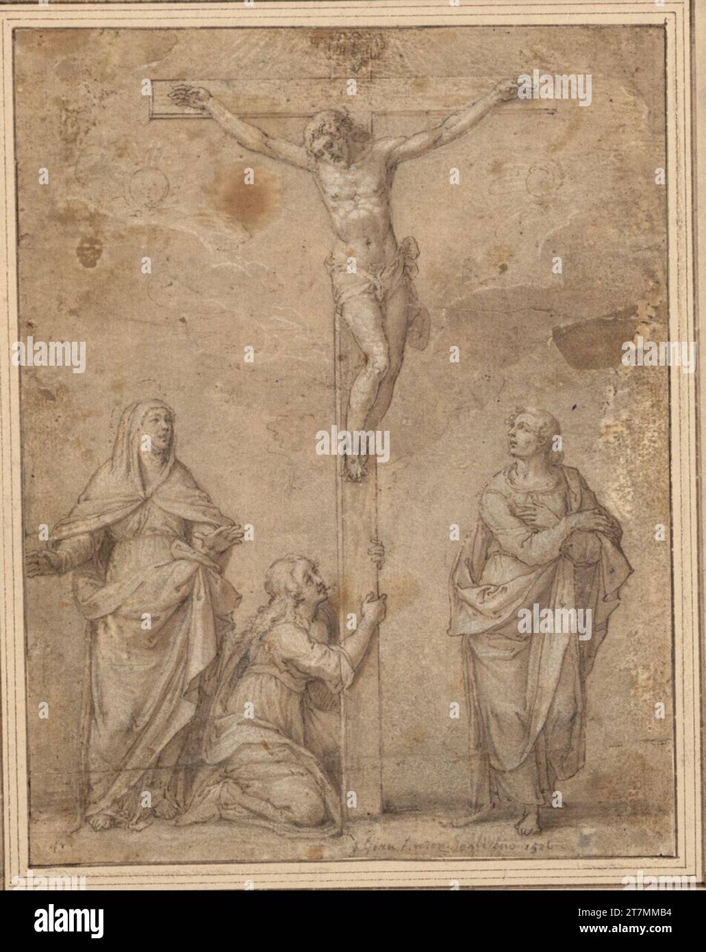 Giovanni Antonio Sogliani Christ on the cross between the moon and sun; At the bottom right, John is the virgin on the left; Magdalena kneeling the cross stem. Feather; laved; White grown; Tinning traces; brownish paper Stock Photo