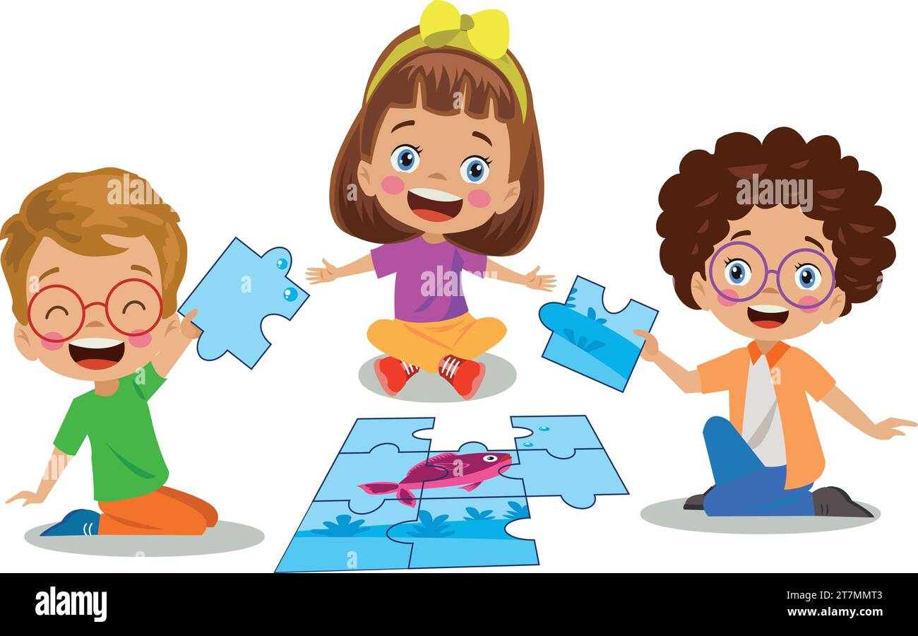 cute and kids playing puzzle Stock Vector