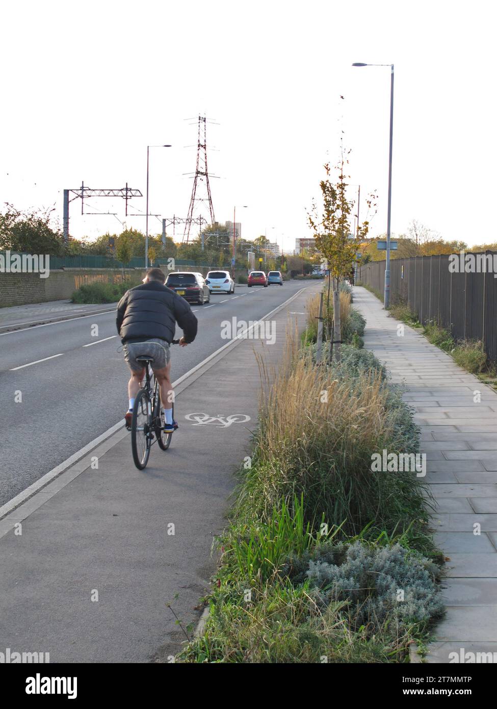 A cyclist rides on the new cycle path on Forest Road, Tottenham, London