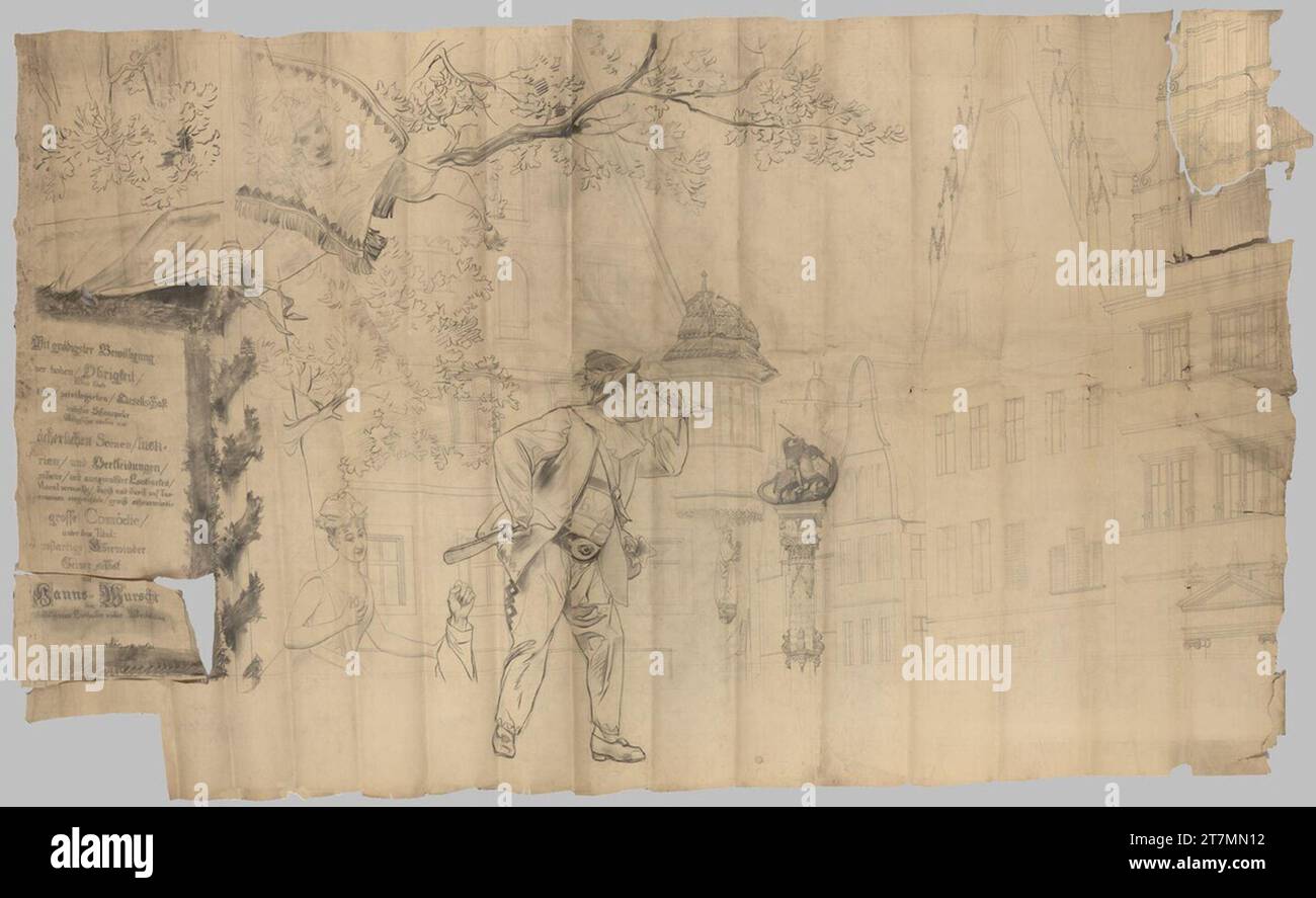 Ernst Klimt Working drawing for the cardboard: Detail of 'Hanswurst at the fair stage' for the Burgtheater: upper half of the picture. Coal and pencil on wrapping paper, outlined lines punched 1886-1887 , 1886/1887 Stock Photo