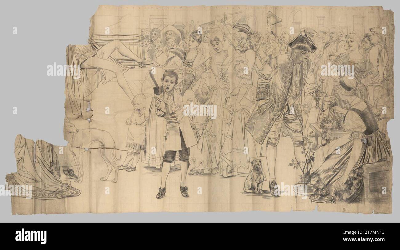 Ernst Klimt Working drawing for the cardboard: Detail of 'Hanswurst at the fair stage' for the Burgtheater: Lower half of the picture. Coal and pencil on wrapping paper, outlined lines punched 1886-1887 , 1886/1887 Stock Photo