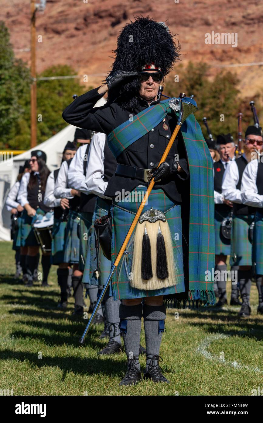 A drum major at the head of a Scottish pipe band at the Scots on the