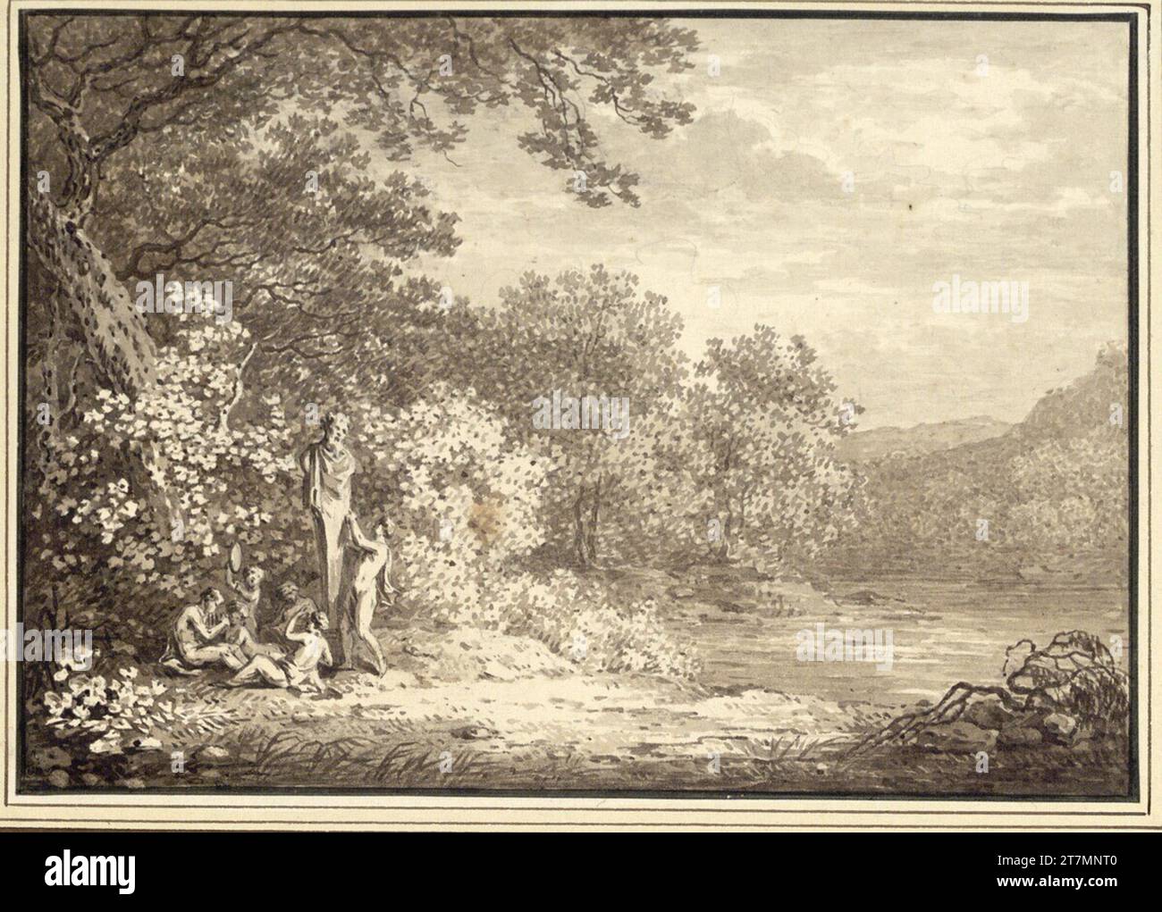 Johann Sebastian Bach Idyllic landscape with Silenen with a bacchusherm on the water. Brush in brown and gray -green, laved, over pencil; Black edging line around 1776 Stock Photo