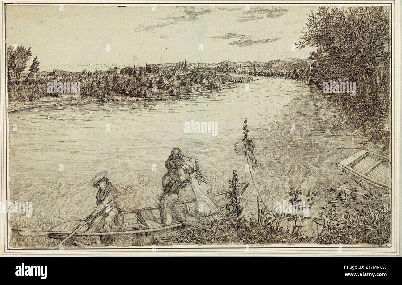 Joseph Kenner Linz from the left bank of the Danube below the Strasserinsel with a figure scene, describing the departure to a barge. Feder in brown 1824 , 1824 Stock Photo