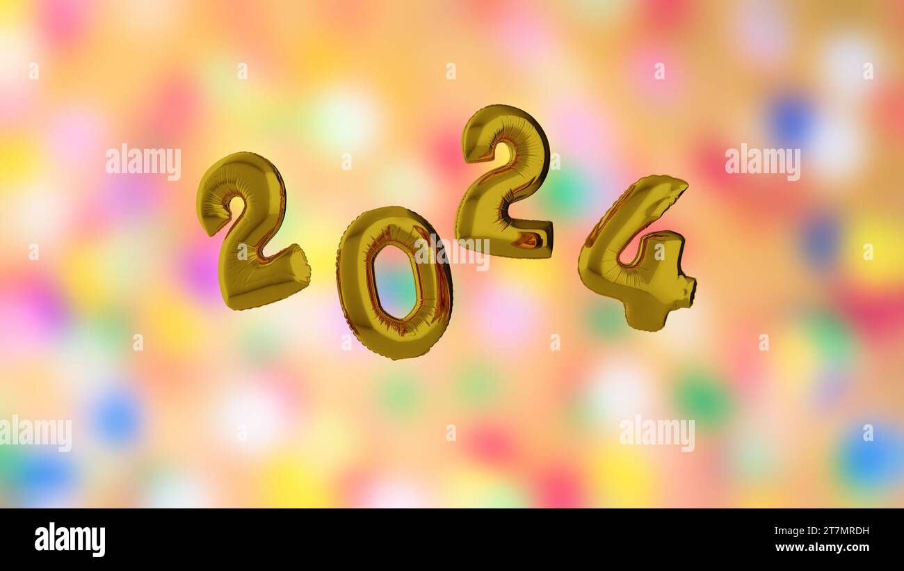3D illustration of 2024 number shaped balloons. Gold balloons in shape ...