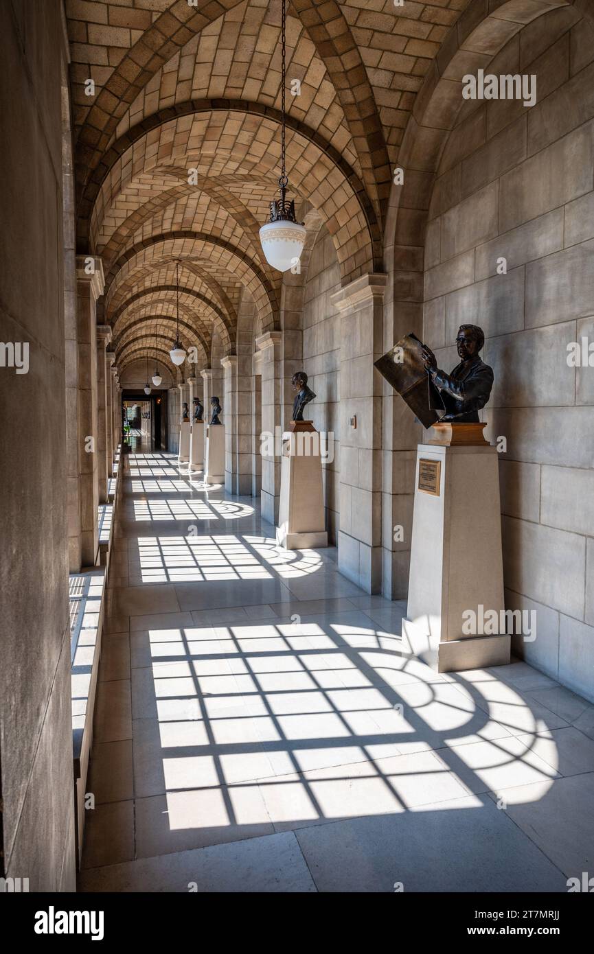 Hallway with Sculptures of Prominent People in Nebraska's History in the Nebraska State Capitol in Lincoln Stock Photo