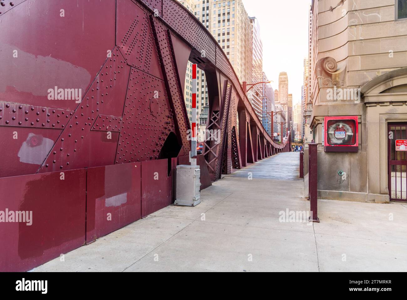 Empty walkway on a bascule bridge in downtown Chicago at sunset Stock Photo