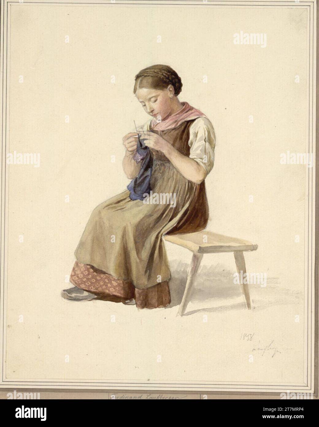 Ferdinand Laufberger Knitting girl. Watercolor 1858 , 1858 Stock Photo ...