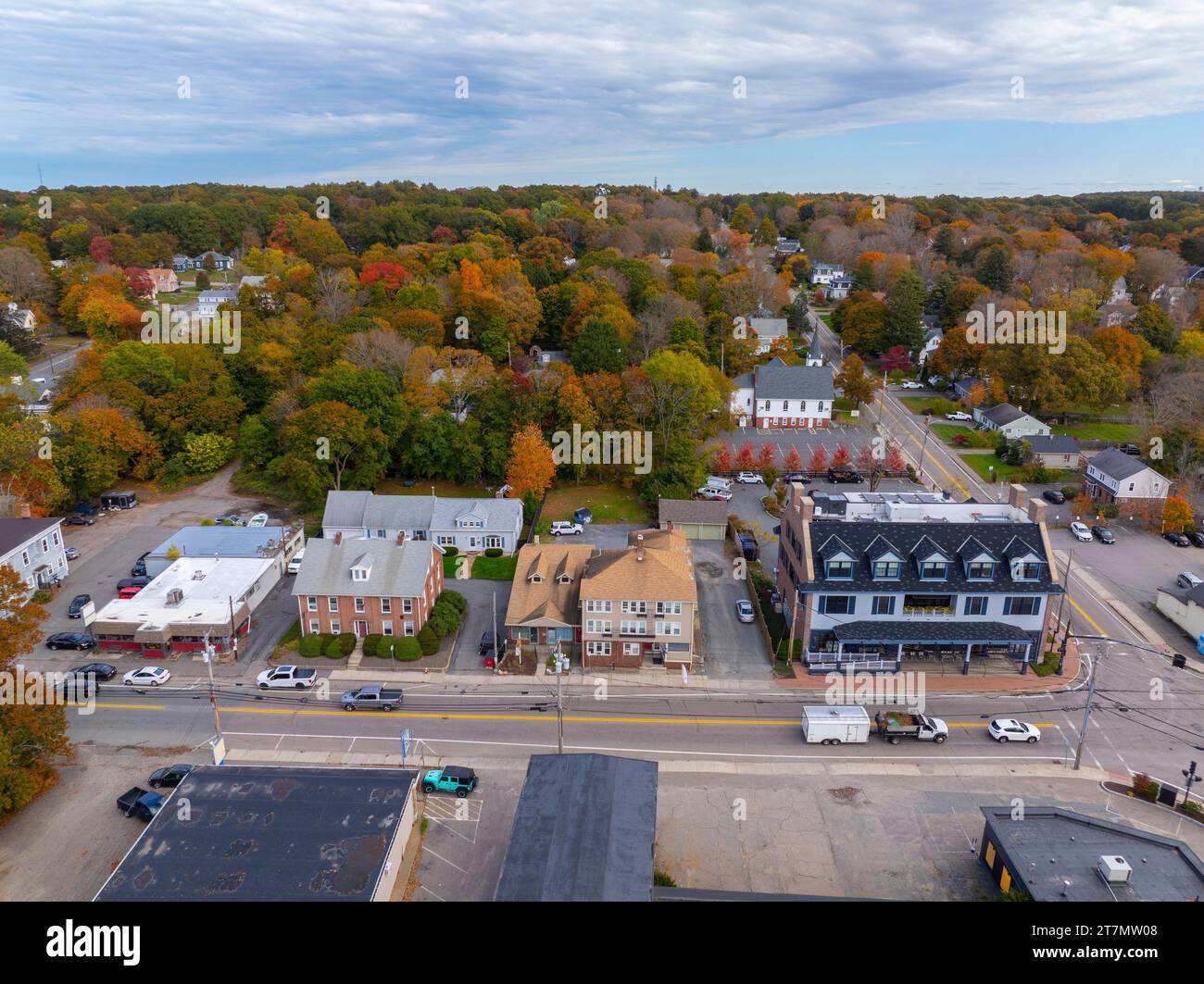 Historic commercial building aerial view in fall on South Street in