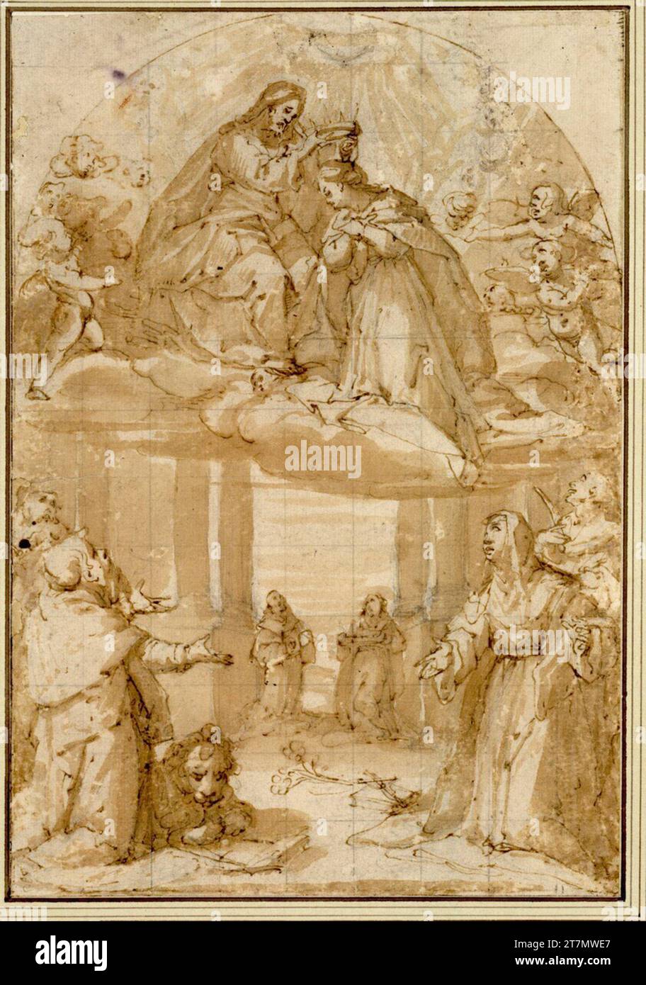 Federico Zuccari Charging of the Virgin Mary on clouds; Below are six adored saints in front of a column architecture. Chalk; Feather; laved; Chalk squaring Stock Photo