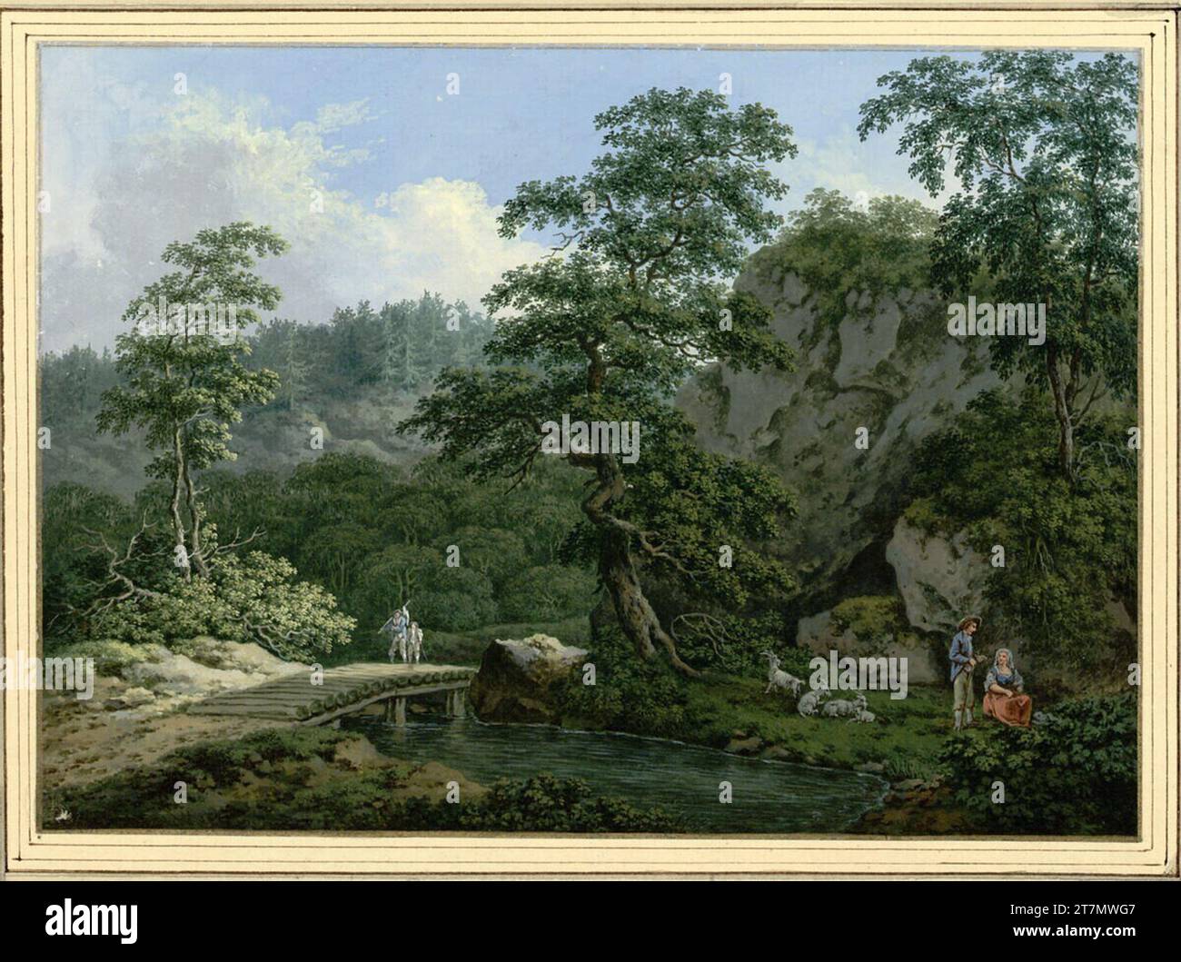 Johann Albrecht Friedrich Rauscher Landscape with a wooden bridge over ...