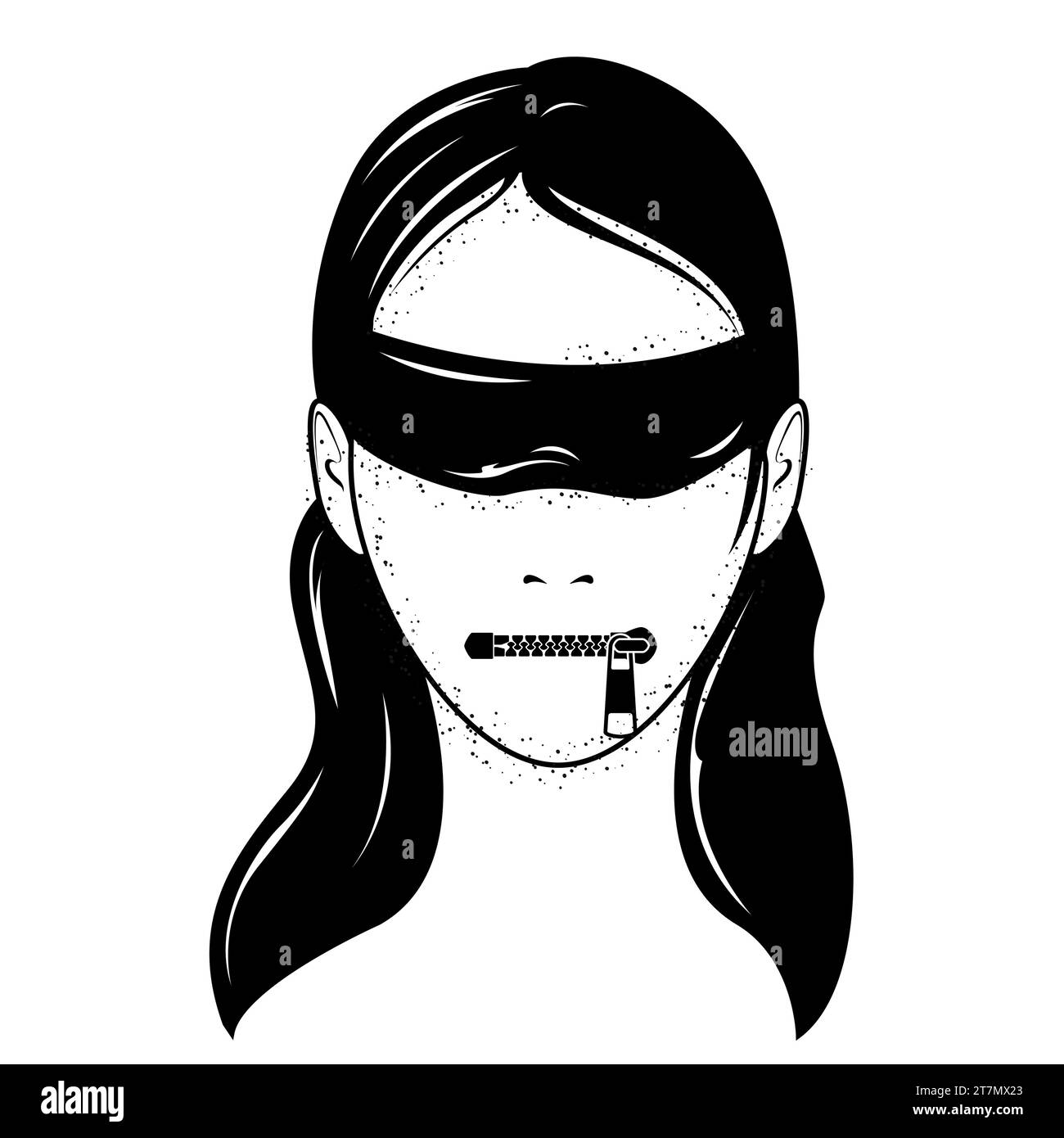 Face of woman with blindfold and closed zip fastener instead of lips, censorship and secret, keep silence, vector Stock Vector