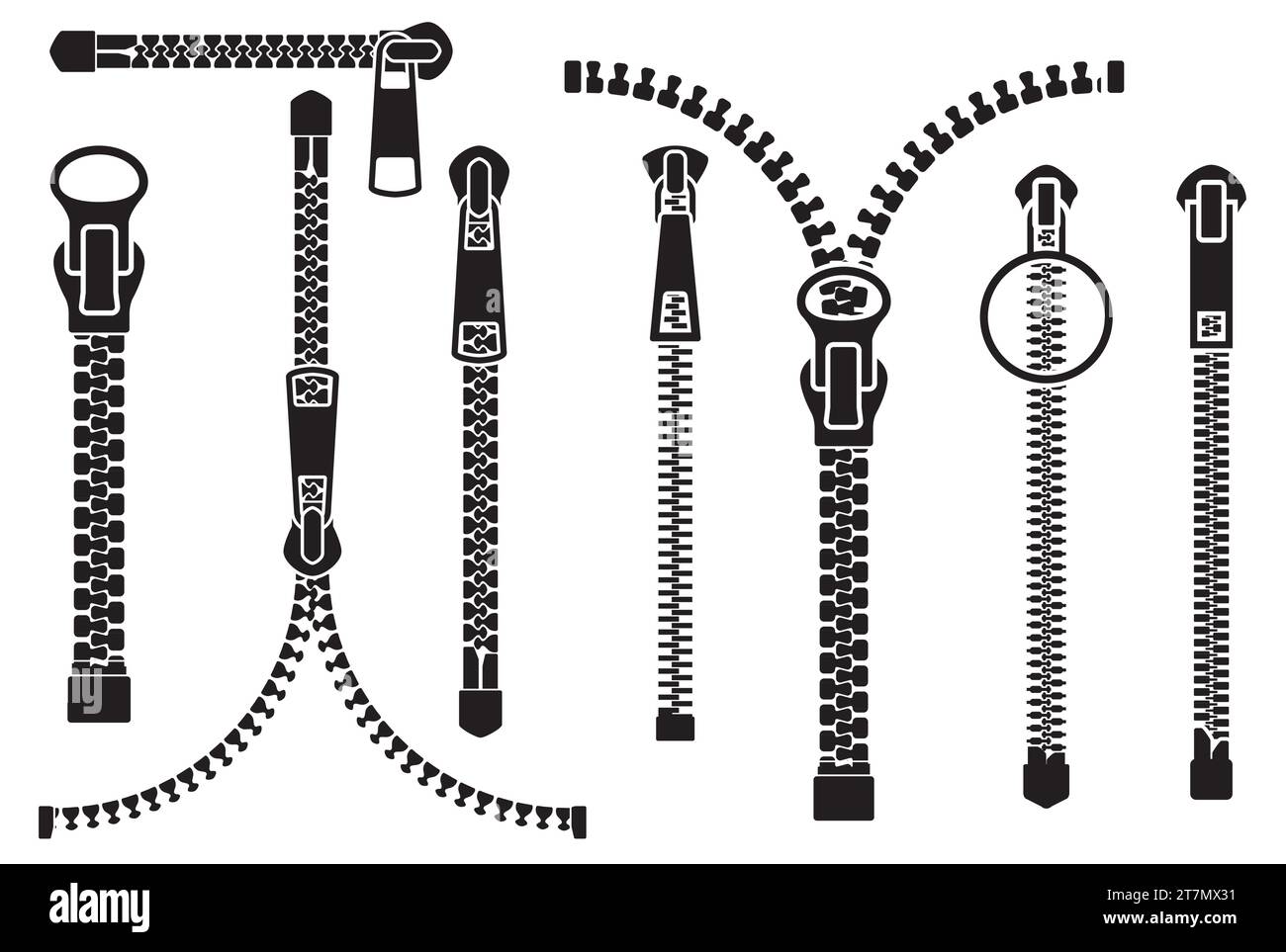 Zippers set, slide fastener elements, open and closed pullers for