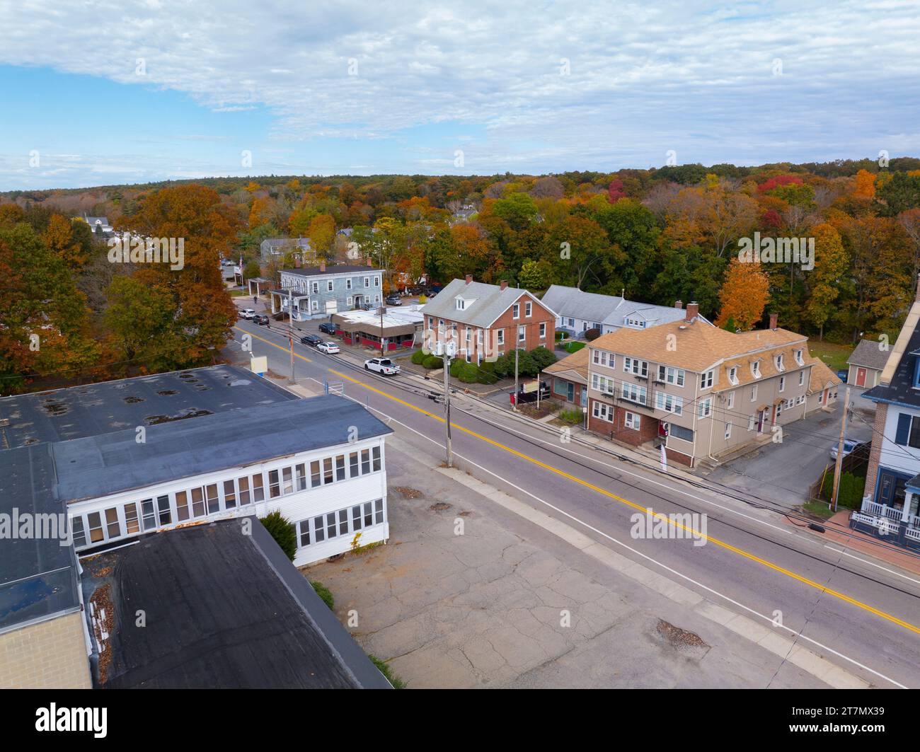 Historic commercial building aerial view in fall on South Street in