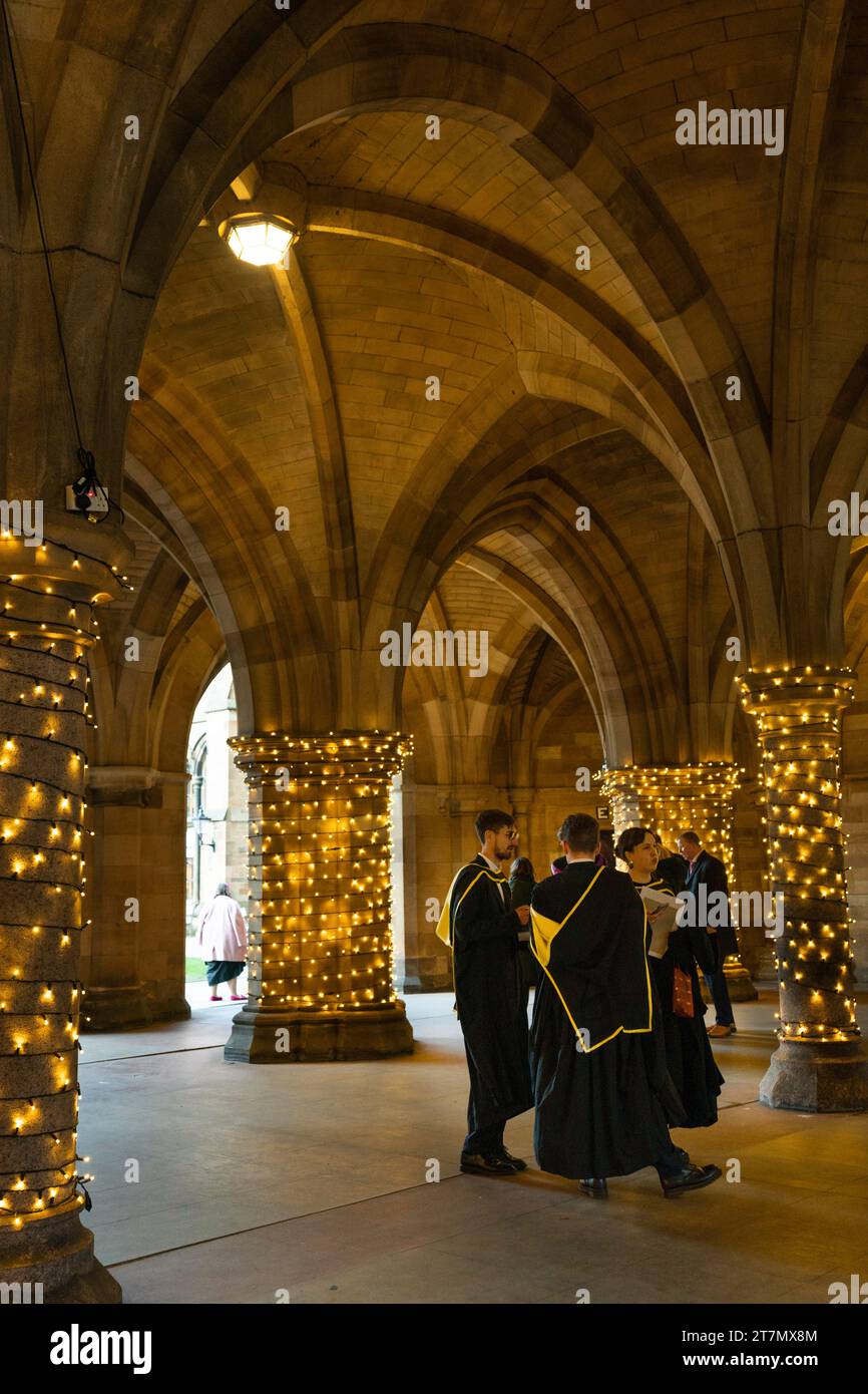 Glasgow University cloisters illuminated with twinkling lights, Glasgow, Scotland, UK Stock Photo
