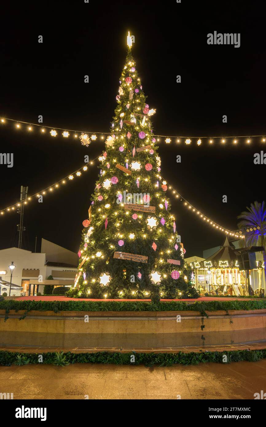 Beautiful christmas tree in a town square at night. Stock Photo