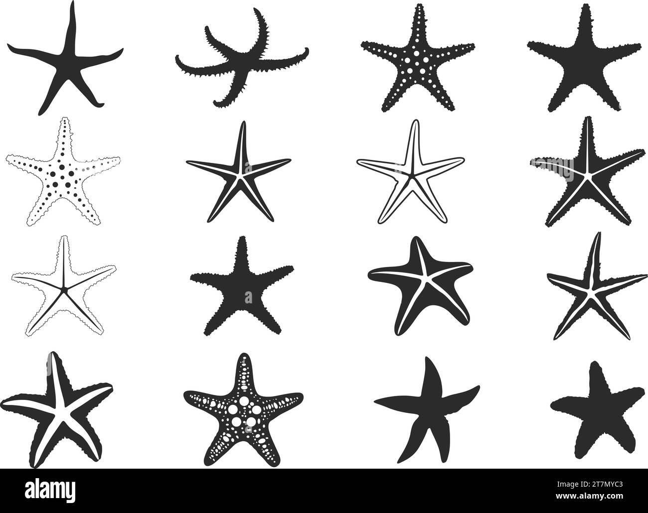 Starfish silhouette, Starfish icon, Starfish outline, Tropical starfish, Starfish bundle set. Stock Vector