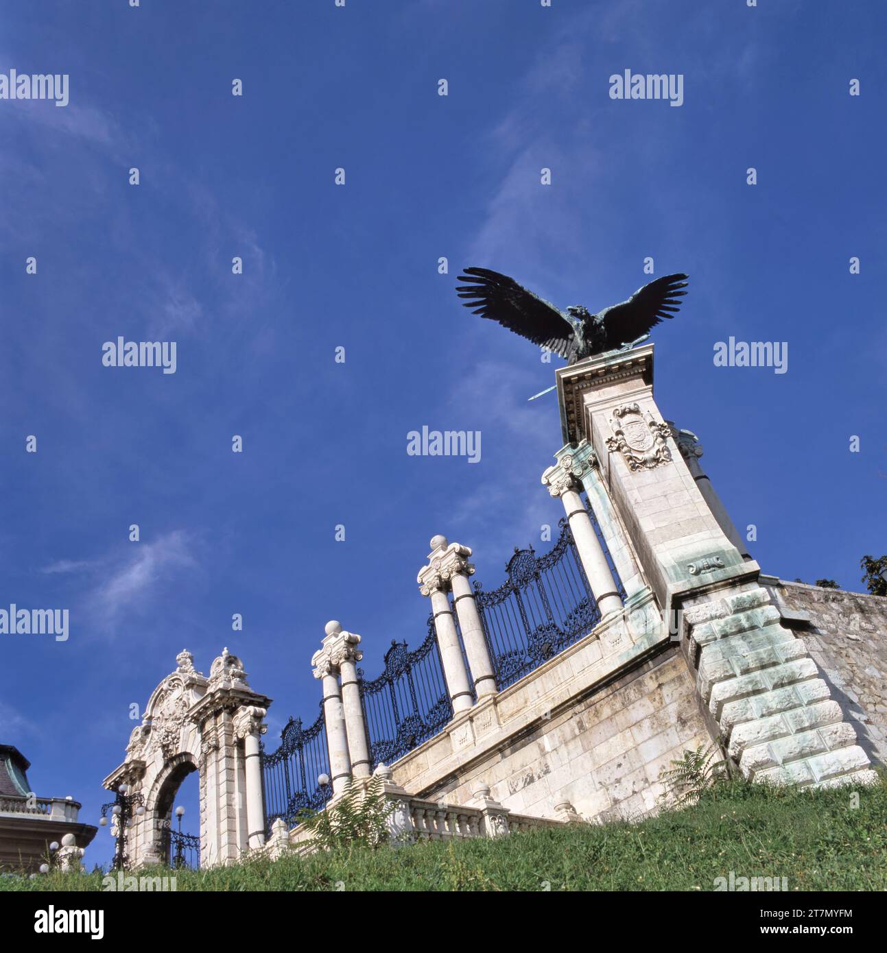 The Habsburg Gate in the Castle of Budapest, with the staue of the Turul bird.The turul is a mythological bird of prey, mostly depicted as a falcon an Stock Photo