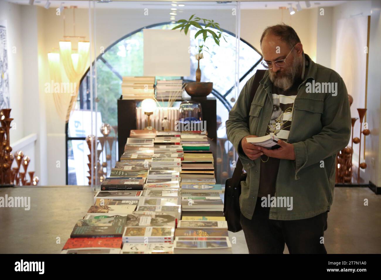 Tehran, Iran. 16th Nov, 2023. A customer browses through titles at a bookstore in northern Tehran. Iran has a rich literary tradition with a long history of producing influential works of literature. Bookstores can be found in major cities, offering a range of titles, including classic Persian literature, contemporary Iranian authors, and translated works. (Credit Image: © Rouzbeh Fouladi/ZUMA Press Wire) EDITORIAL USAGE ONLY! Not for Commercial USAGE! Stock Photo