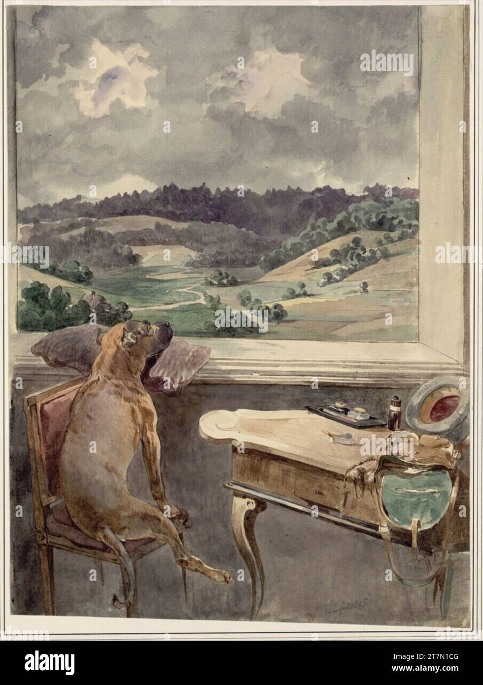 Carl Pischinger Dog looking from a window. Pencil, watercolor 1851 , 1851 Stock Photo