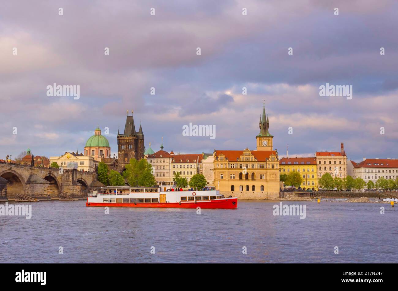 View of old town with Charles Bridge (Karluv Most) on Vltava river and Old Town Bridge Tower, famous tourist destination in Prague, Czech Republic Stock Photo