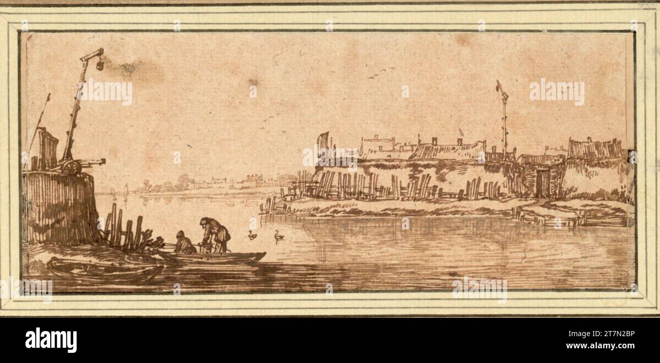Esaias van de Velde Fastened city on the water. Feder in brown, lavated, on reddish -brown tinted paper; Complemented in the 19th century left and right on the box 1615/16 , 1615/1616 Stock Photo