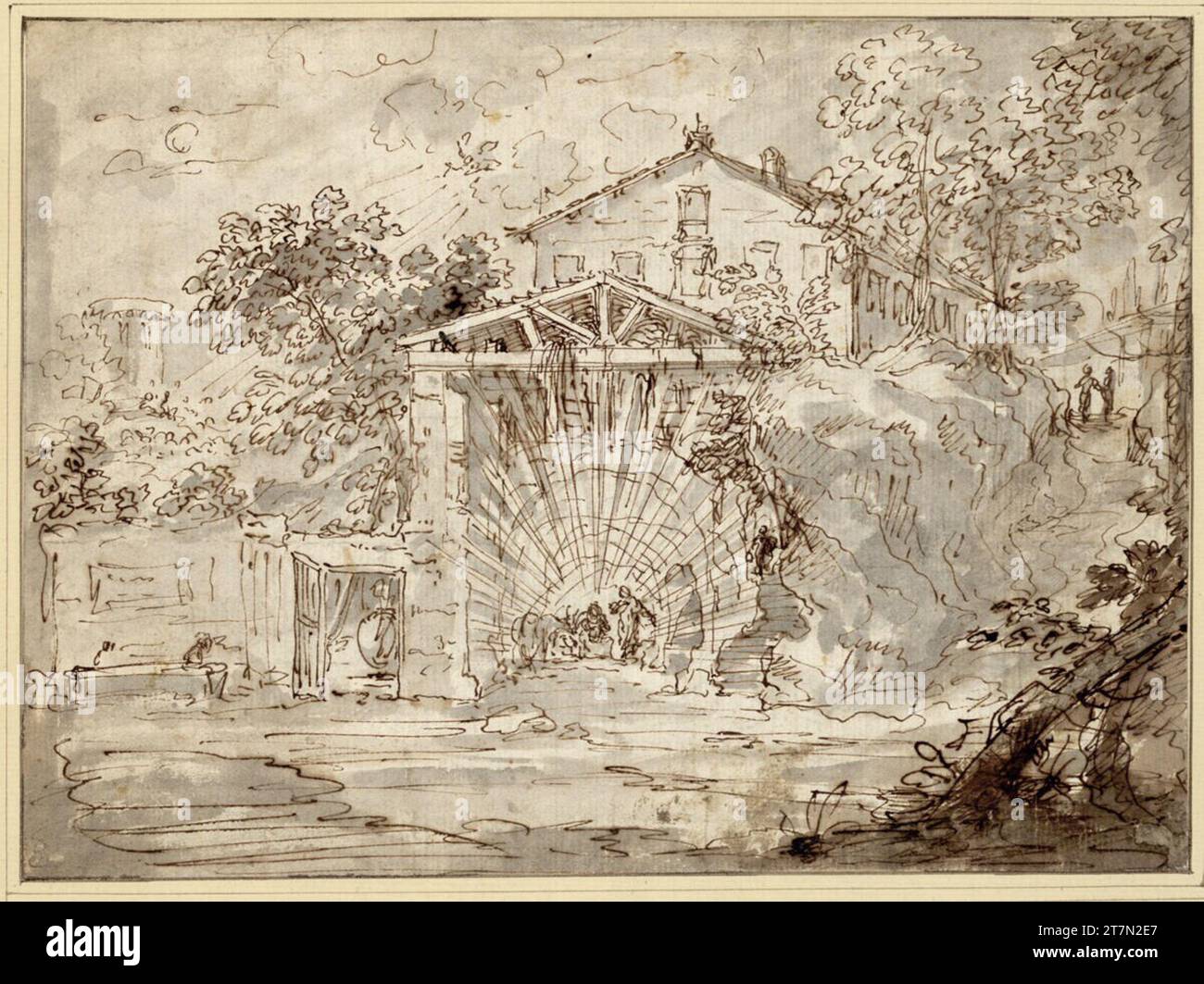 Jan Soens Landscape with the birth of Christ. Feder in brown, gray and