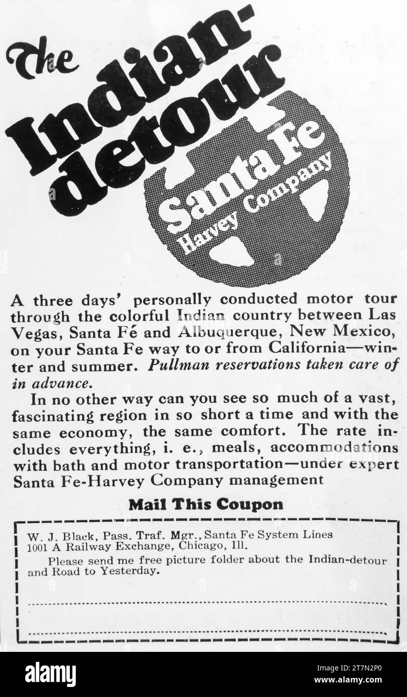1927 Santa Fe Harvey company motor tour Indian detour ad Stock Photo