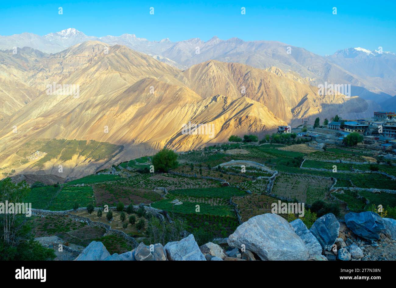 Elevated view of Nako village flanked by terraced fields and dry stone walls and Himalayas under blue sky in Nako, Himachal Pradesh, India. Stock Photo