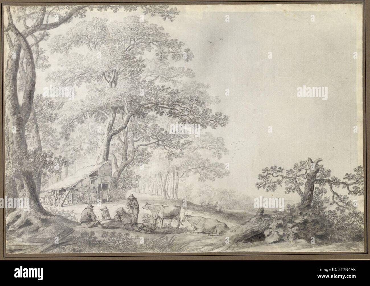 Anthony Jansz. van der Croos Hut on the edge of the forest with shepherds and cattle. Graphite pencil, gray lavated, on parchment; Above and Re. bright edge strips. 1641 , 1641 Stock Photo