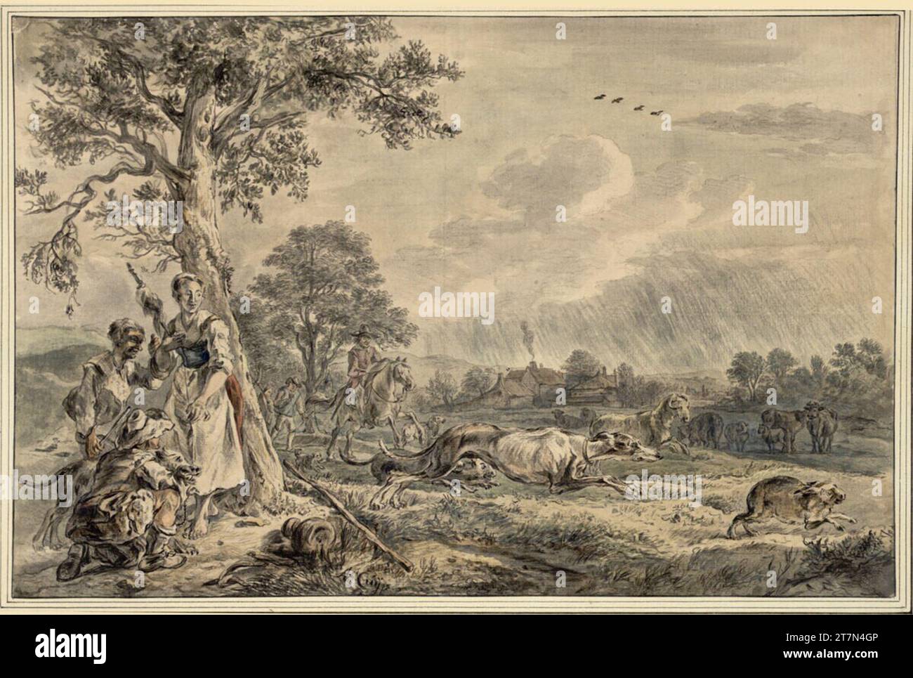 Anonym Landscape with rabbit hunt and shepherd group. Black chalk, brush in light and dark gray, watercolor, deck white; In the upper left. Corner torn. Stock Photo