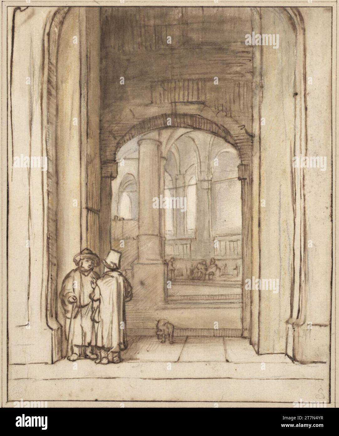 Anonym Church or temple portal in conversation with two men. Feder in brown, brown and gray lavated, yellow chalk, over black chalk. 1650er Jahre Stock Photo