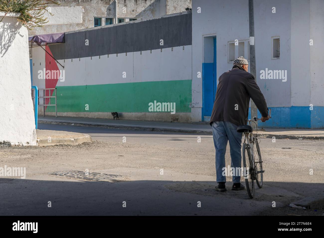 The large Palestinian flag (flag of Palestine) mural on the wall with the old man passing by with the bicycle. Stock Photo
