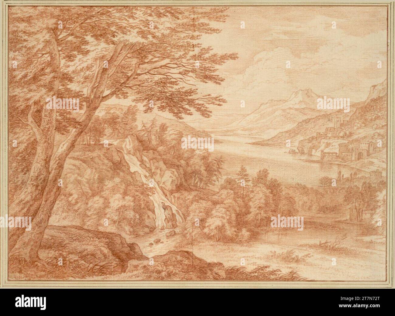 Frans Boudewyns River landscape with mountains and waterfall. Red Chalk ...
