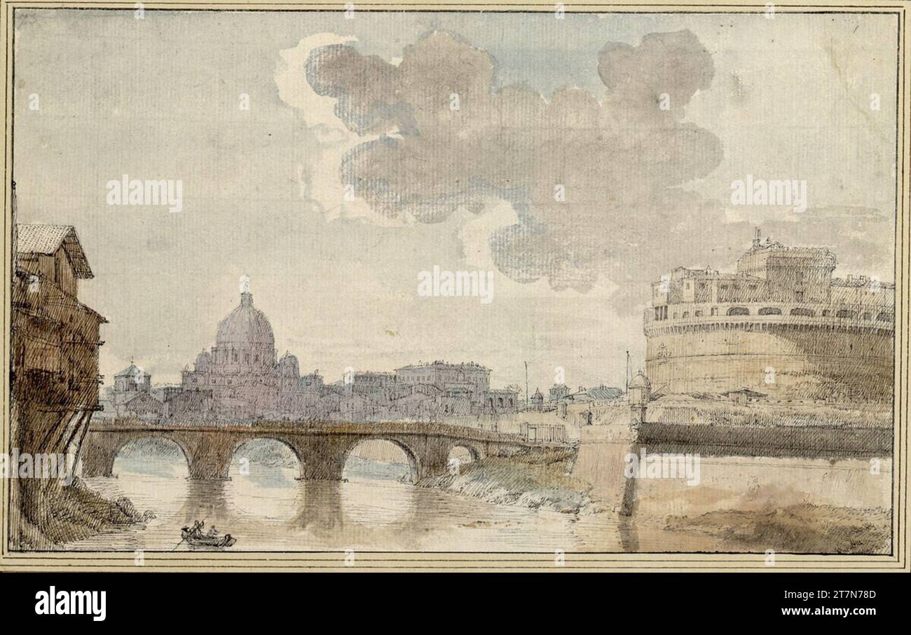 Isaac de Moucheron Tiber view with Engelsbrücke, Engelsburg and St. Peter. Feder in gray, watercolor. Stock Photo